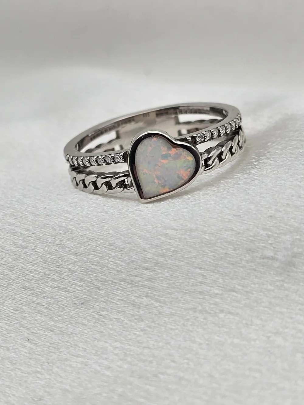 Sterling Silver 925 Created White Heart Opal Ring